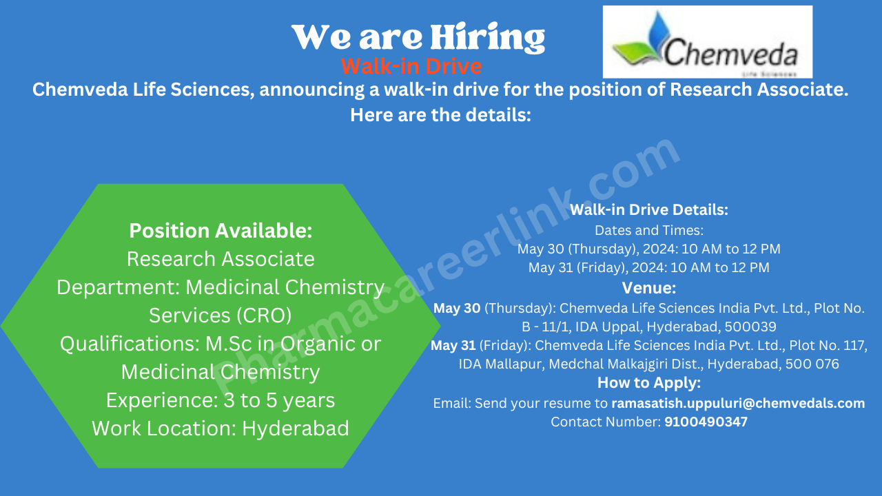 Chemveda Life Sciences Walk-In Interview or Send Resume Now